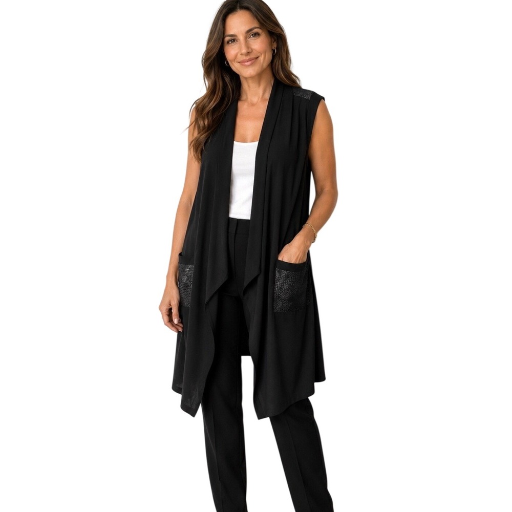 Compli K Long Duster Vest Cardigan Mesh Back  Lagenlook Modern XXL